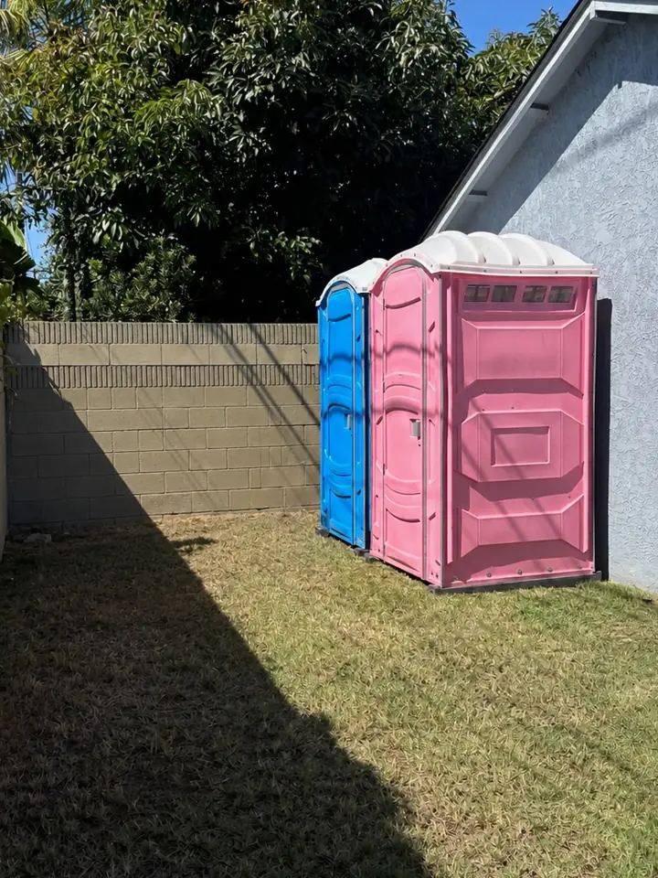A blue and a pink standard porta potty set on the grass beside a home for a backyard party
