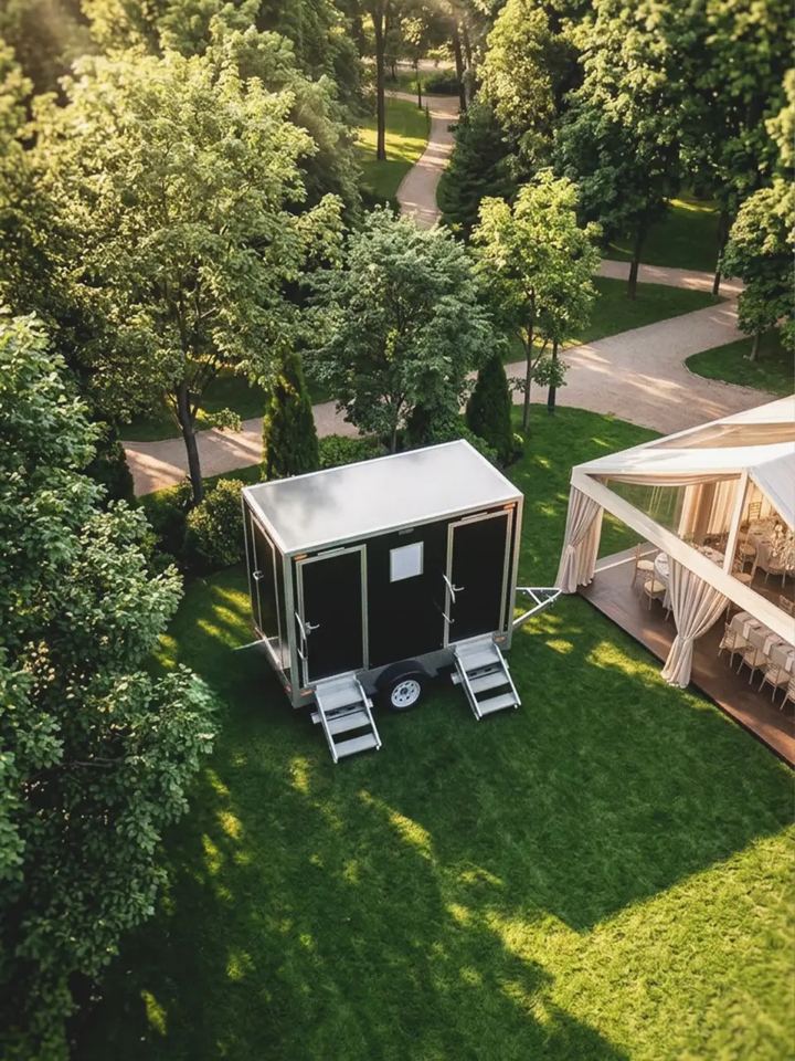 Aerial view of a restroom trailer parked on a lawn beside a wedding tent